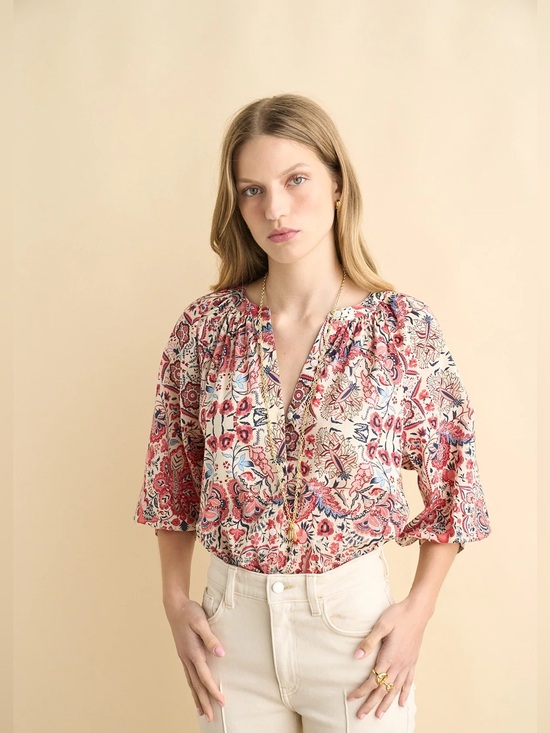 Sonmer Tops - Sonmer Kelly Blouse in Red Retro Indian Block Print